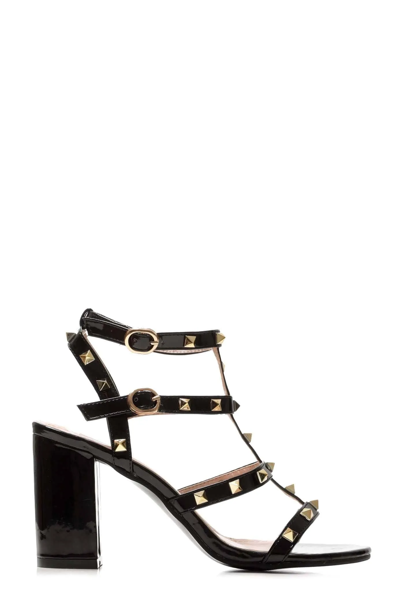 Abigail Studded Strappy Block Heel Sandal in Black Patent