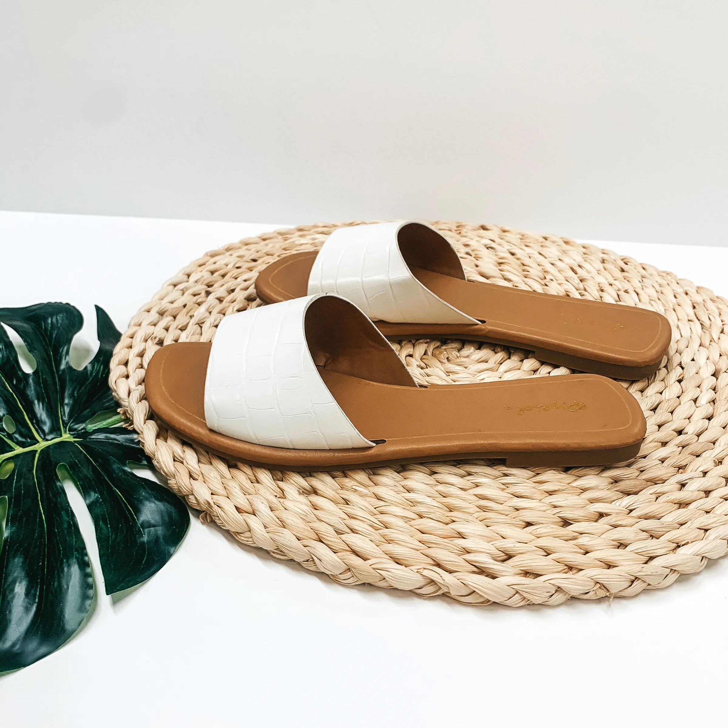 Always in the Lead Crocodile Slide On Sandals in White