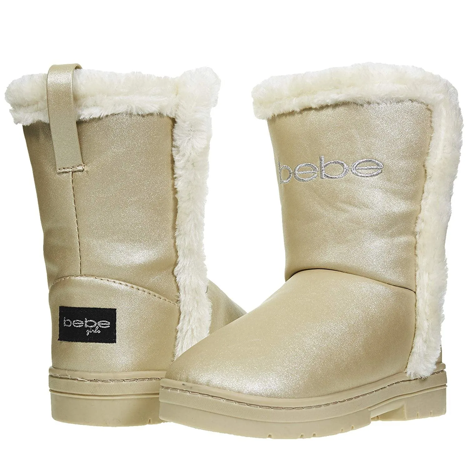 bebe Girls Pearlized PU Winter Boots with Faux Fur Trims Casual Dress Shoes