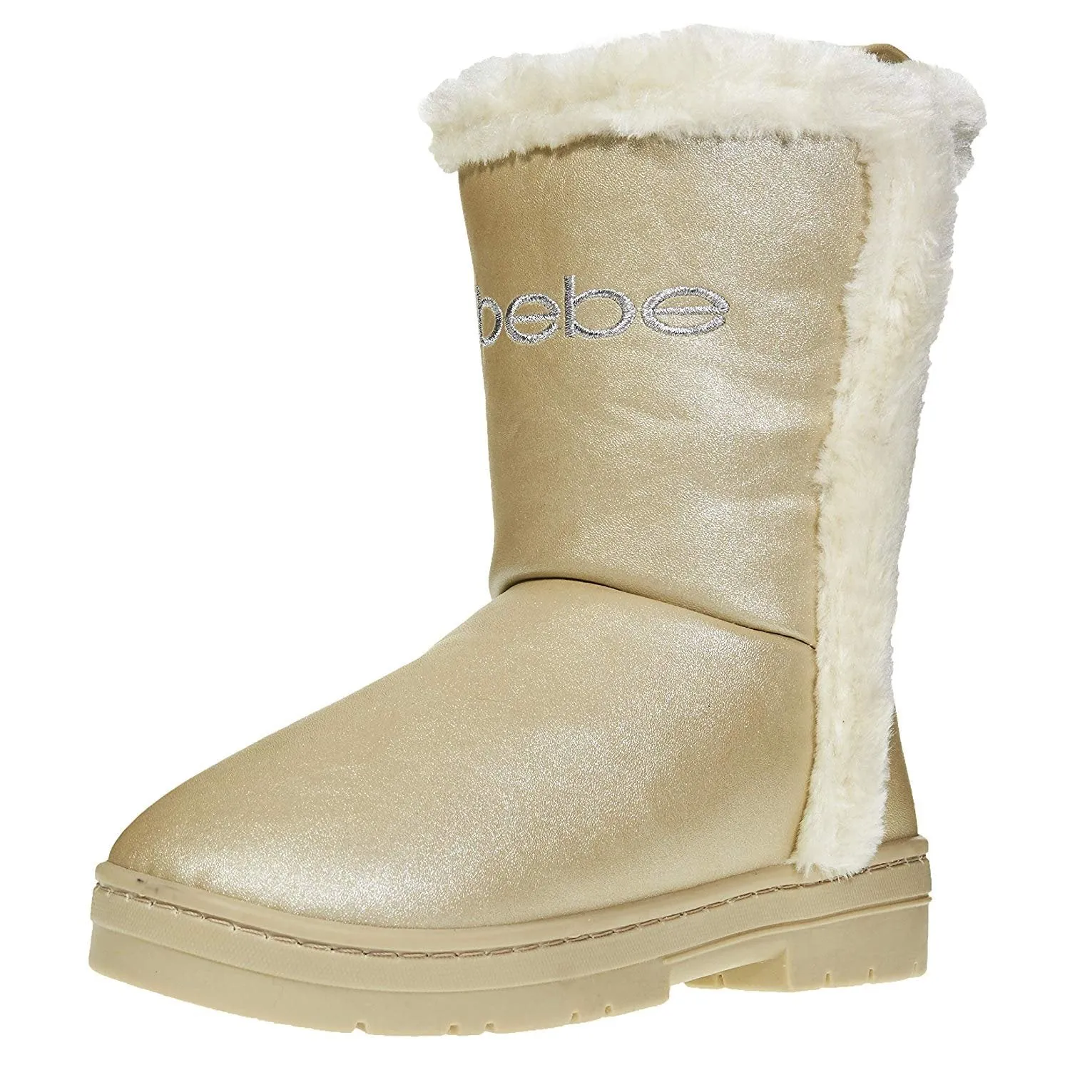 bebe Girls Pearlized PU Winter Boots with Faux Fur Trims Casual Dress Shoes