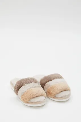 Beige Plush Faux Fur Stripe Mule Slippers