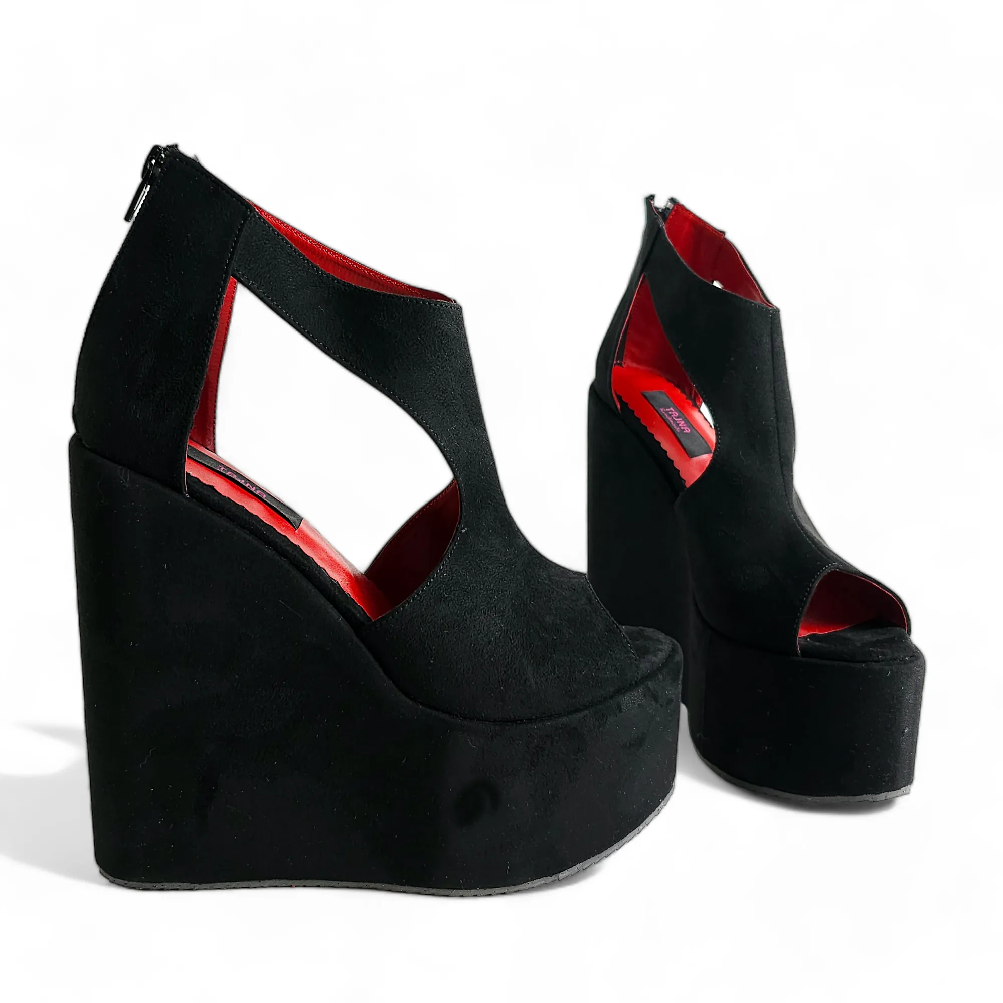 Black Suede Open Side Platform Wedge Shoes