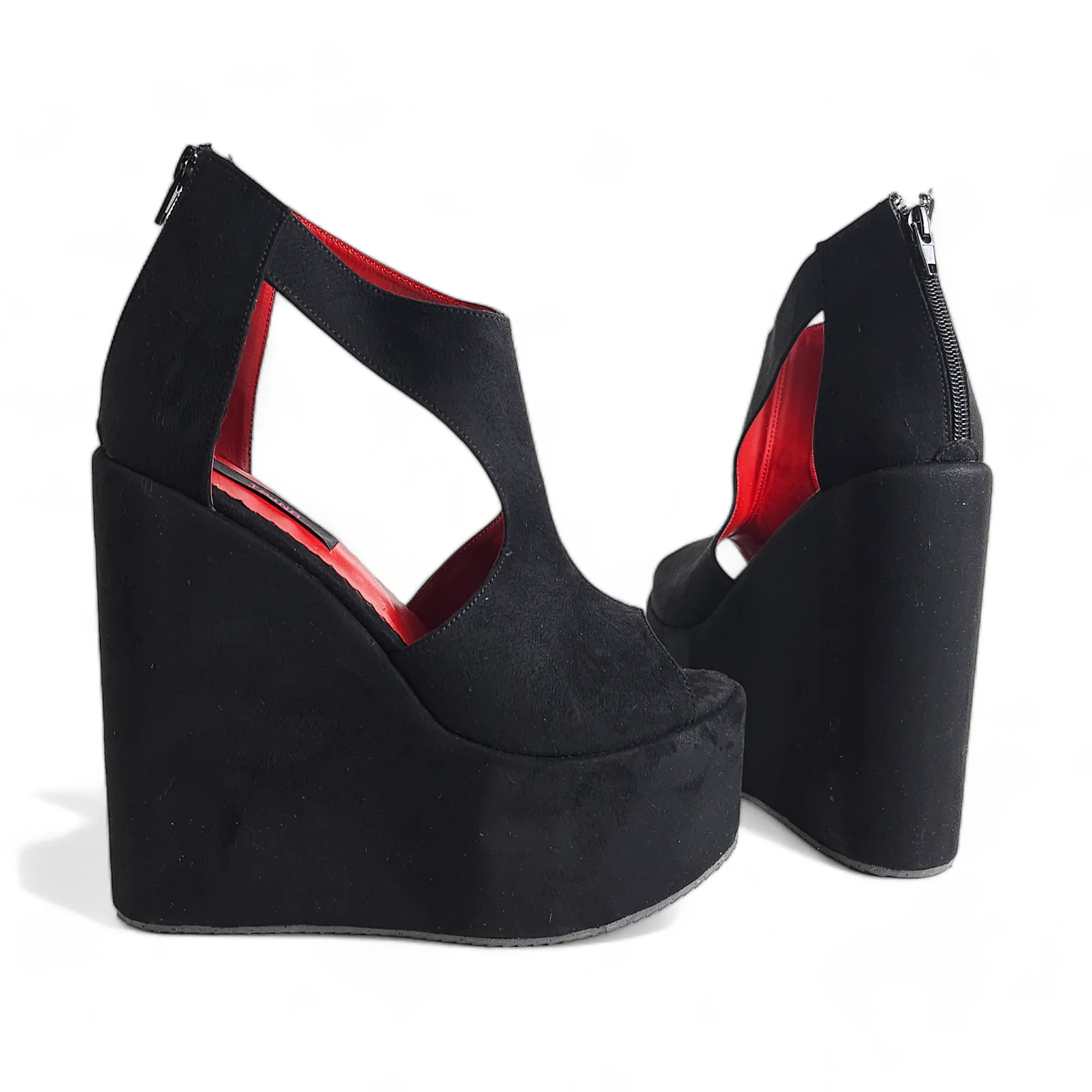 Black Suede Open Side Platform Wedge Shoes