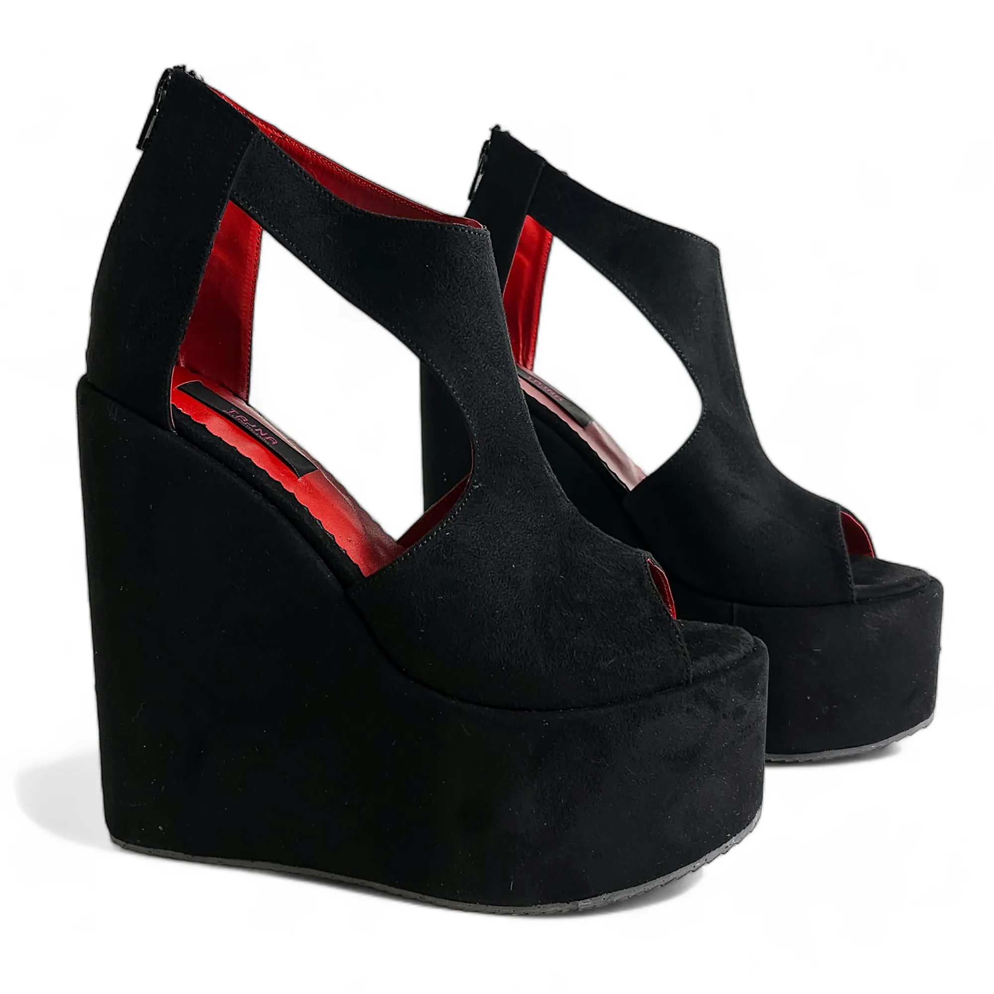 Black Suede Open Side Platform Wedge Shoes