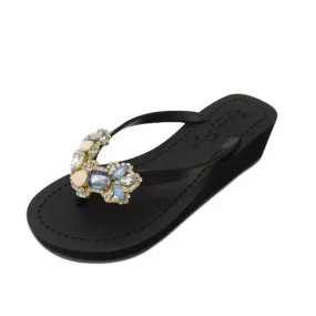 Blue York- Crystal Rhinestone Embellished Mid Wedge Flip Flops Sandal