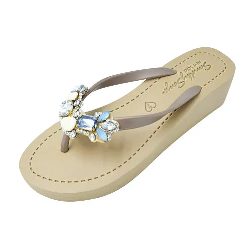 Blue York- Crystal Rhinestone Embellished Mid Wedge Flip Flops Sandal