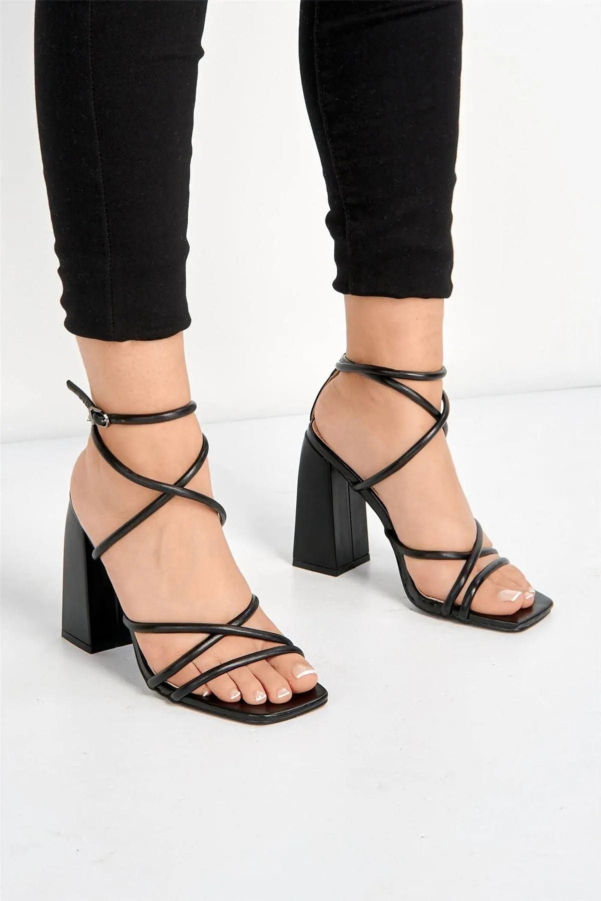 Chania Thick Strappy Block Heel Sandal in Black