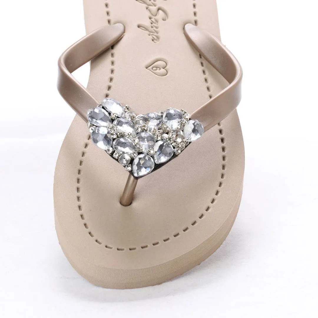 Crystal Heart  - Big Kids Flip Flops Sandal Clear Rhine Stone Embellished Girls Flip Flops