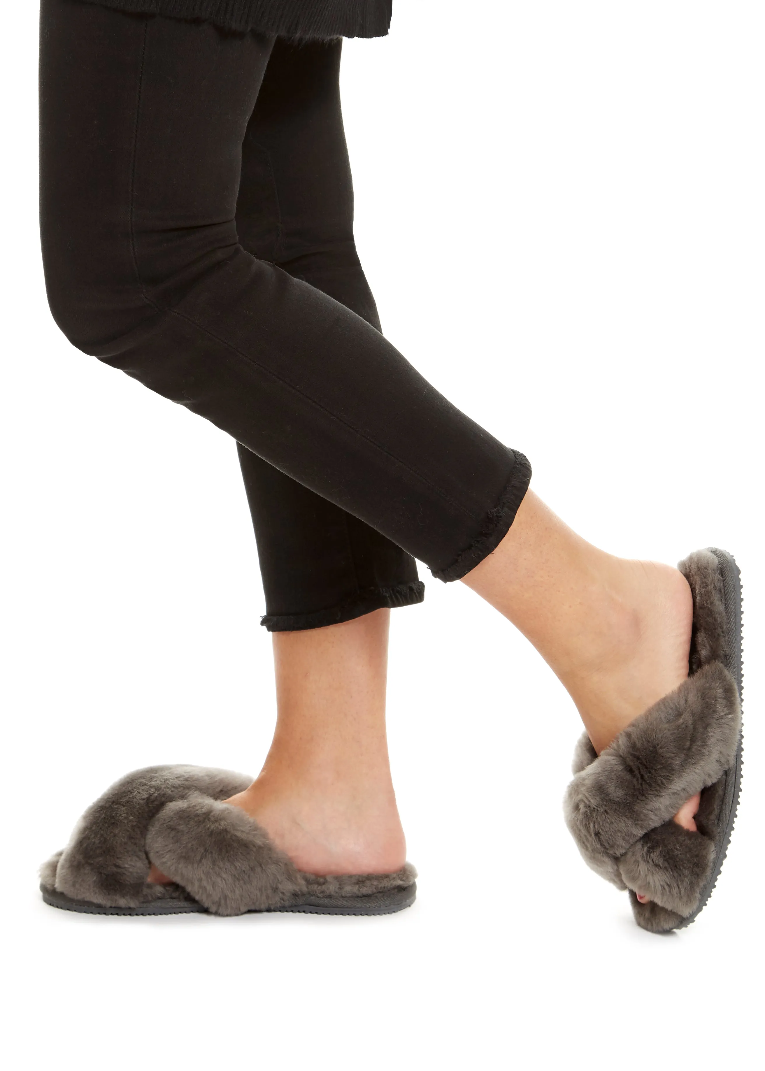 Dark Grey Deep Criss Cross Sheepskin Slippers