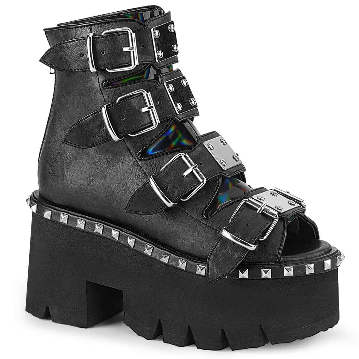 Demonia ASHES-70 | Black Vegan Leather & Hologram Sandals