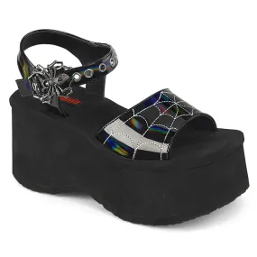 Demonia FUNN-10 | Black Holographic Patent Leather Sandals