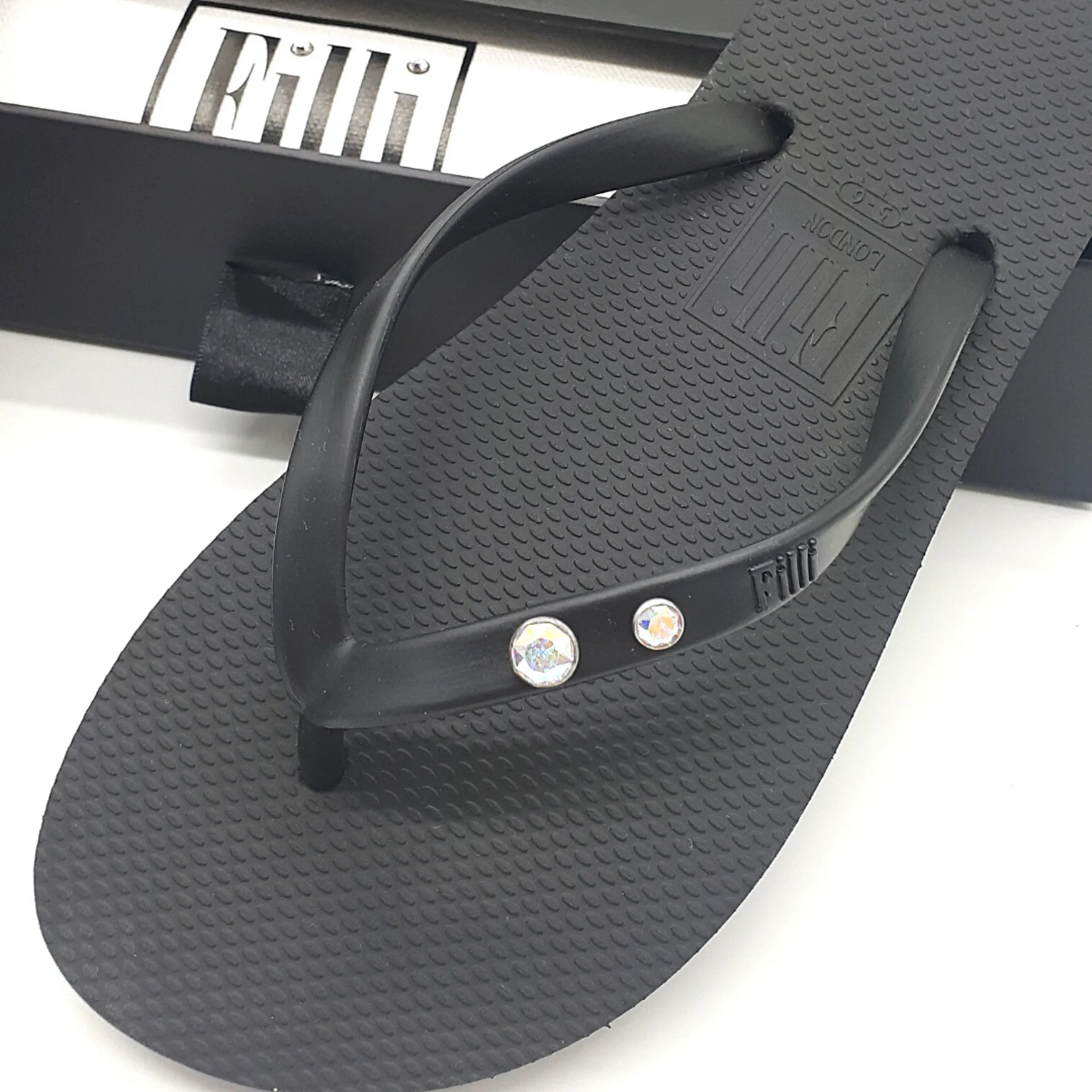 Filli London Aurora Crystal Duo Luxury Flip Flops - Black