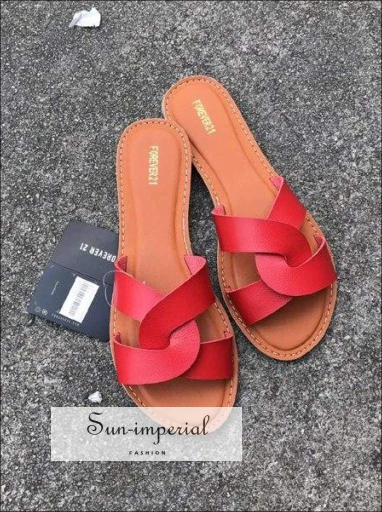 Flat Sandals Summer Women's Flats Leather Comfortable Sole Cross Weave 8 Colors - Red