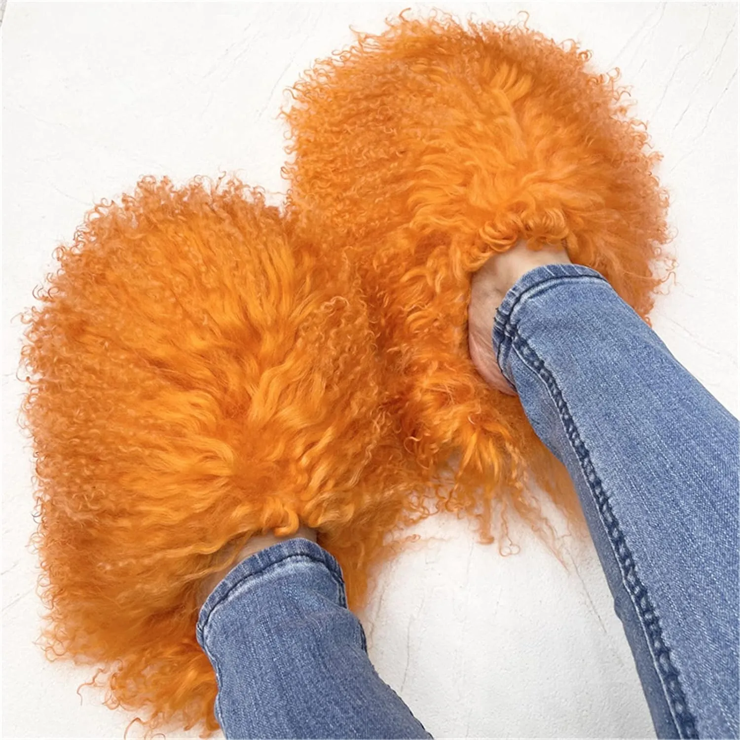 Fluffy Real Mongolian Sheep Fur Slippers Closed Toe For Women Furry Big Outdoor Flat Luxury Slides