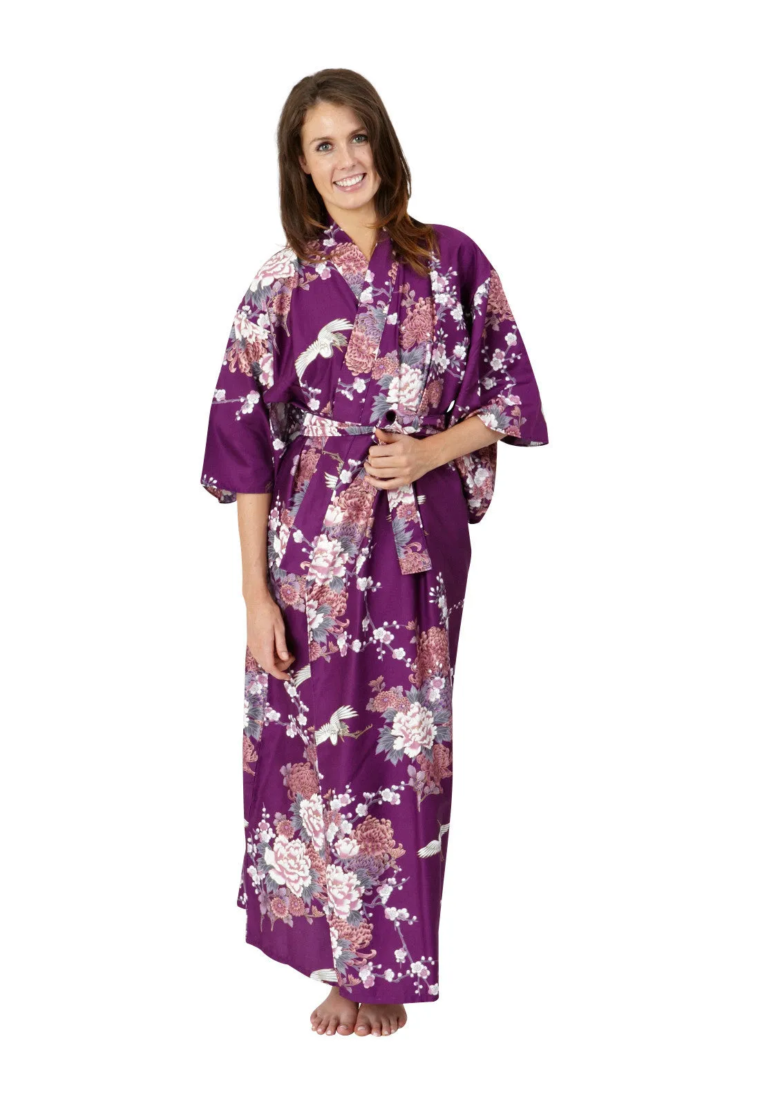 Flying Crane & Peony Long Cotton Kimono