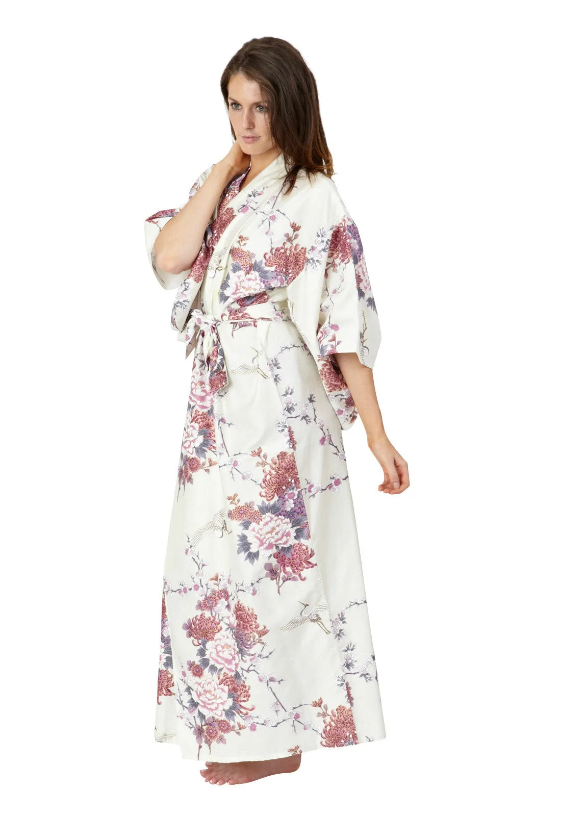 Flying Crane & Peony Long Cotton Kimono