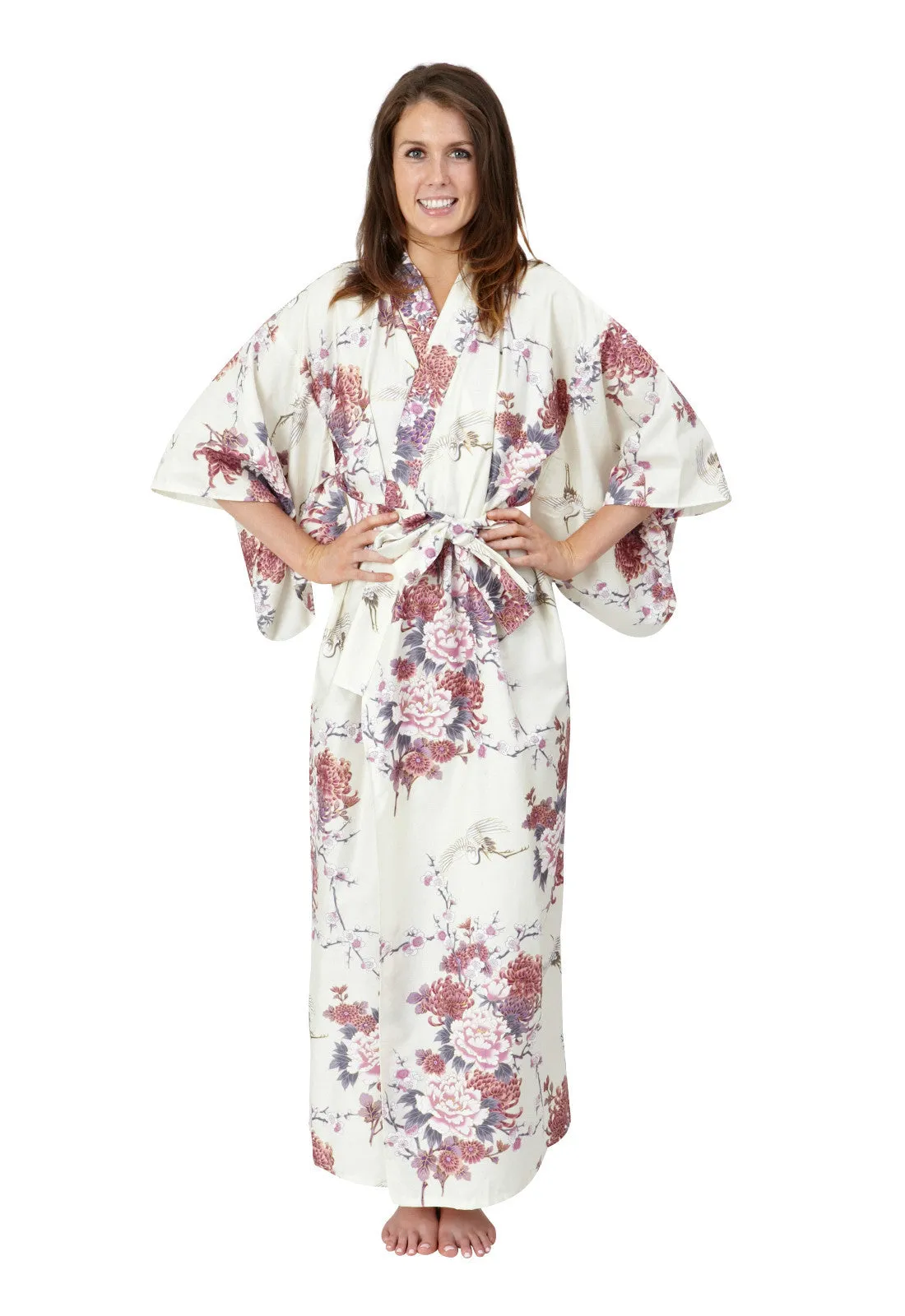 Flying Crane & Peony Long Cotton Kimono