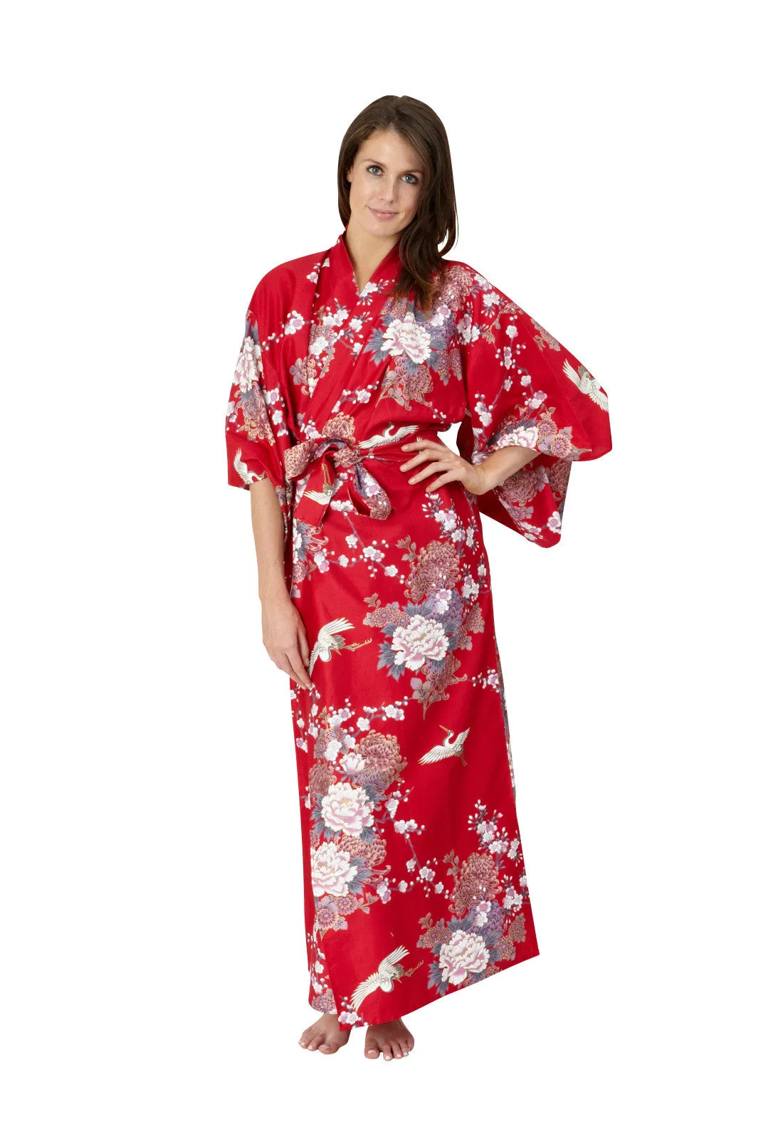 Flying Crane & Peony Long Cotton Kimono