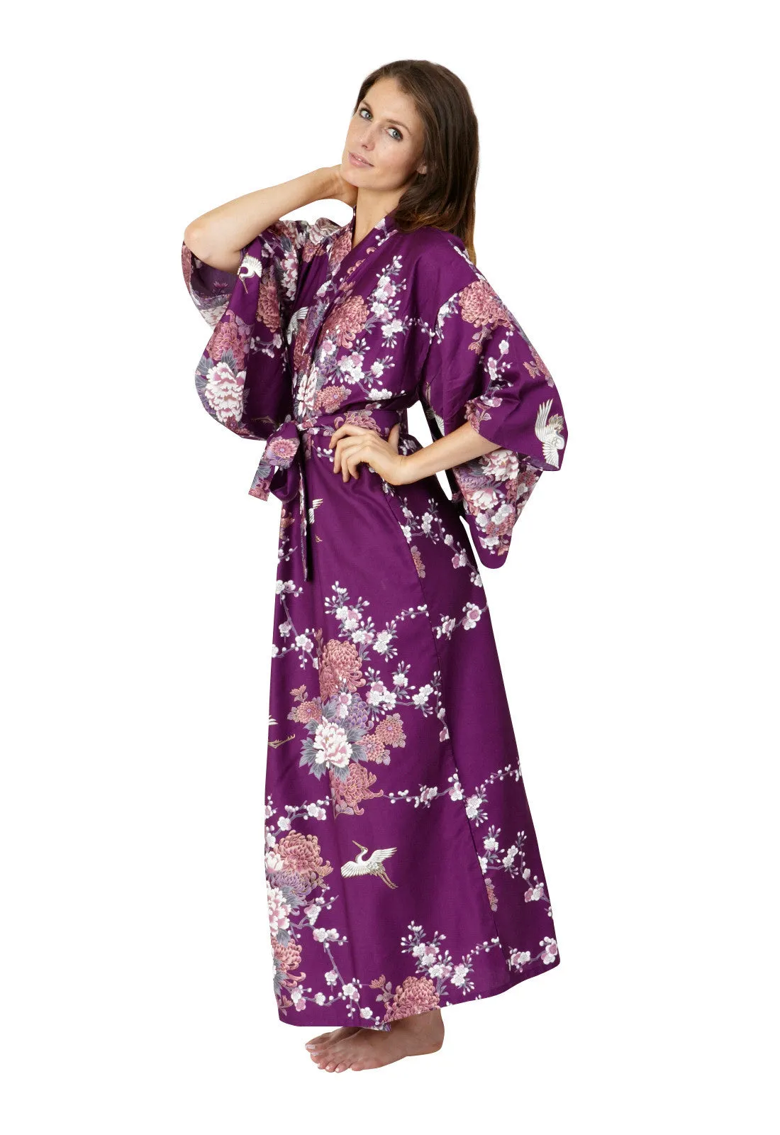 Flying Crane & Peony Long Cotton Kimono