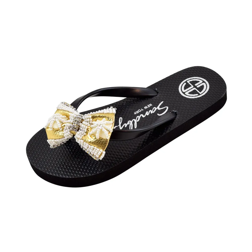 Gold & Pearl Bow  - Big Kids Flip Flops Sandal- Embroidered motifs