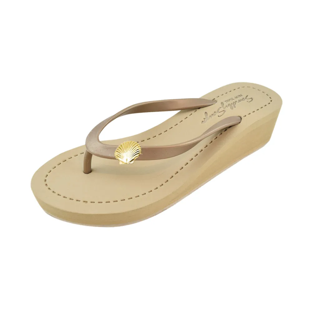 Gold Shell - Mid Wedge Flip Flops Sandals Studs Charm