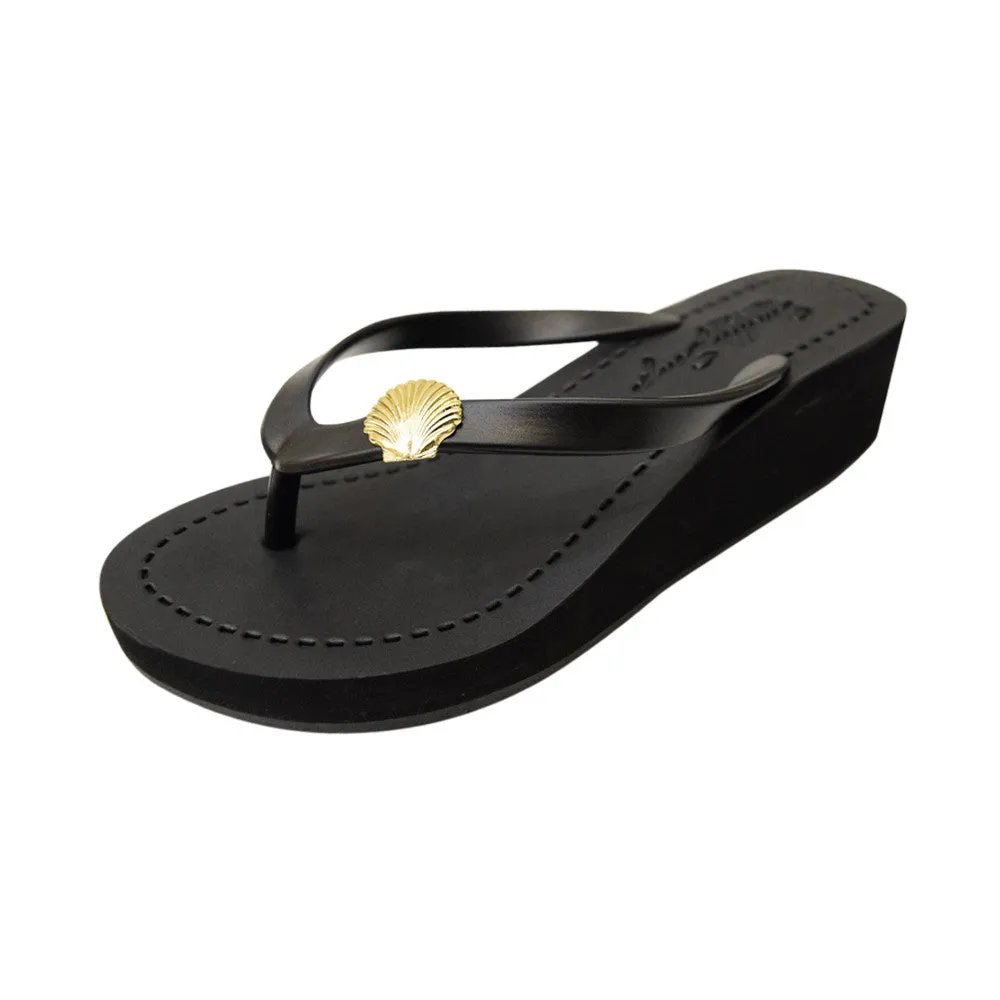 Gold Shell - Mid Wedge Flip Flops Sandals Studs Charm