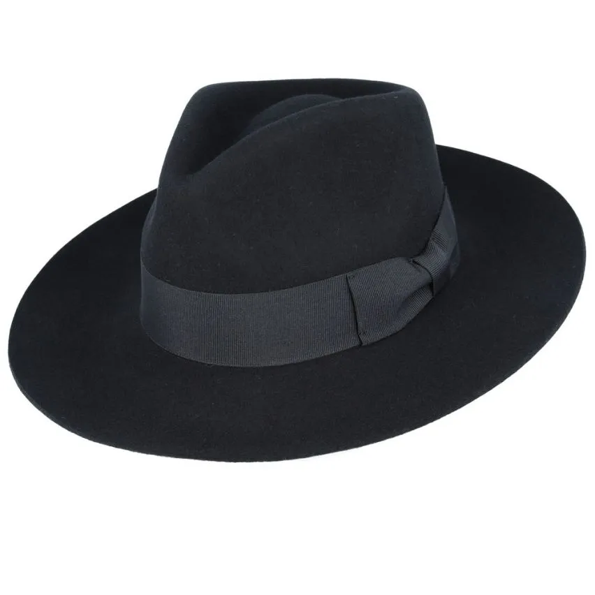 Handmade Wide Snap Brim 100% Wool Black Fedora