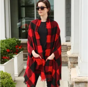 #K652 Changing Seasons Plaid Ruana (RED/BLACK)