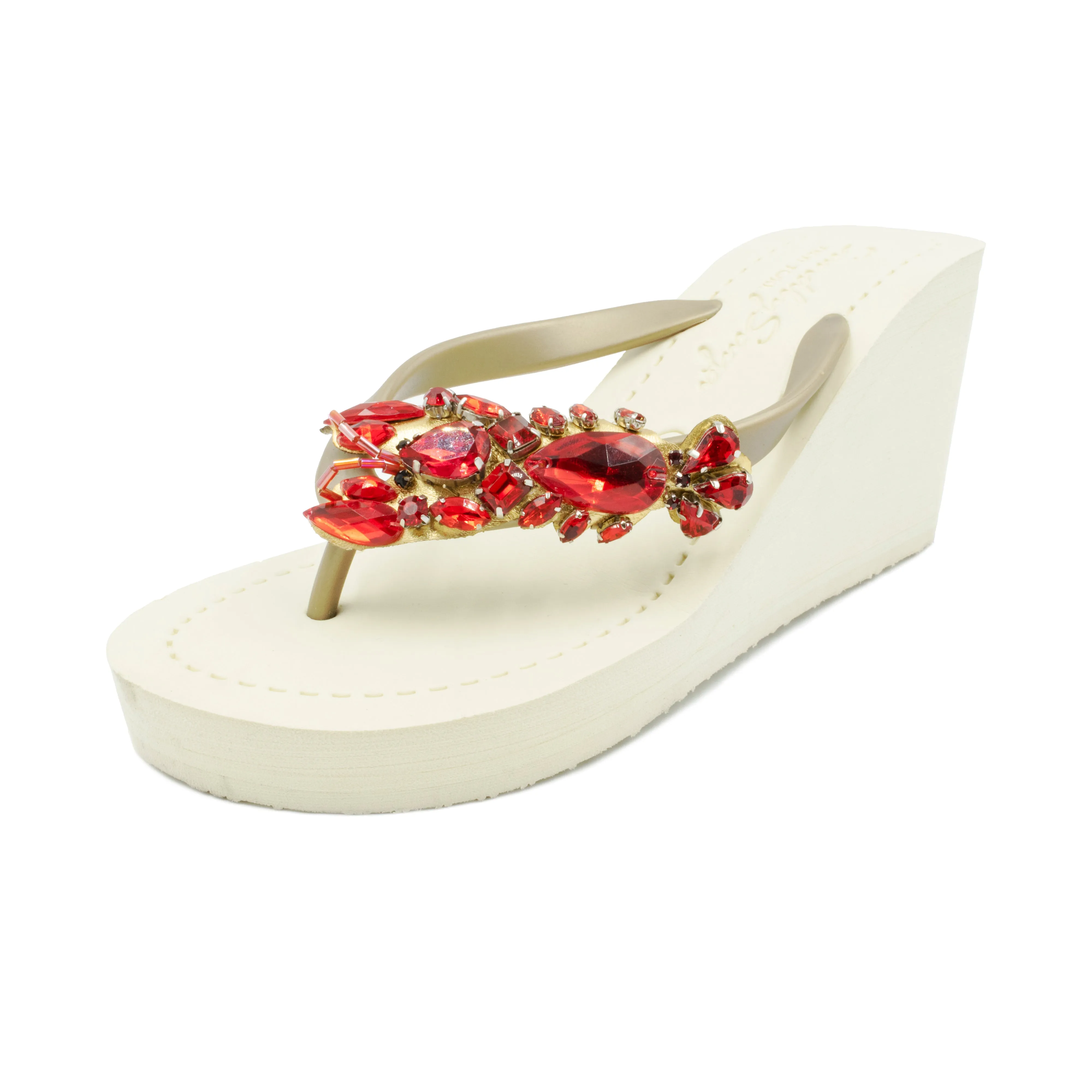 Lobster - Red Crystal Stone Embellished Women's High Wedge Flip Flops Sandal