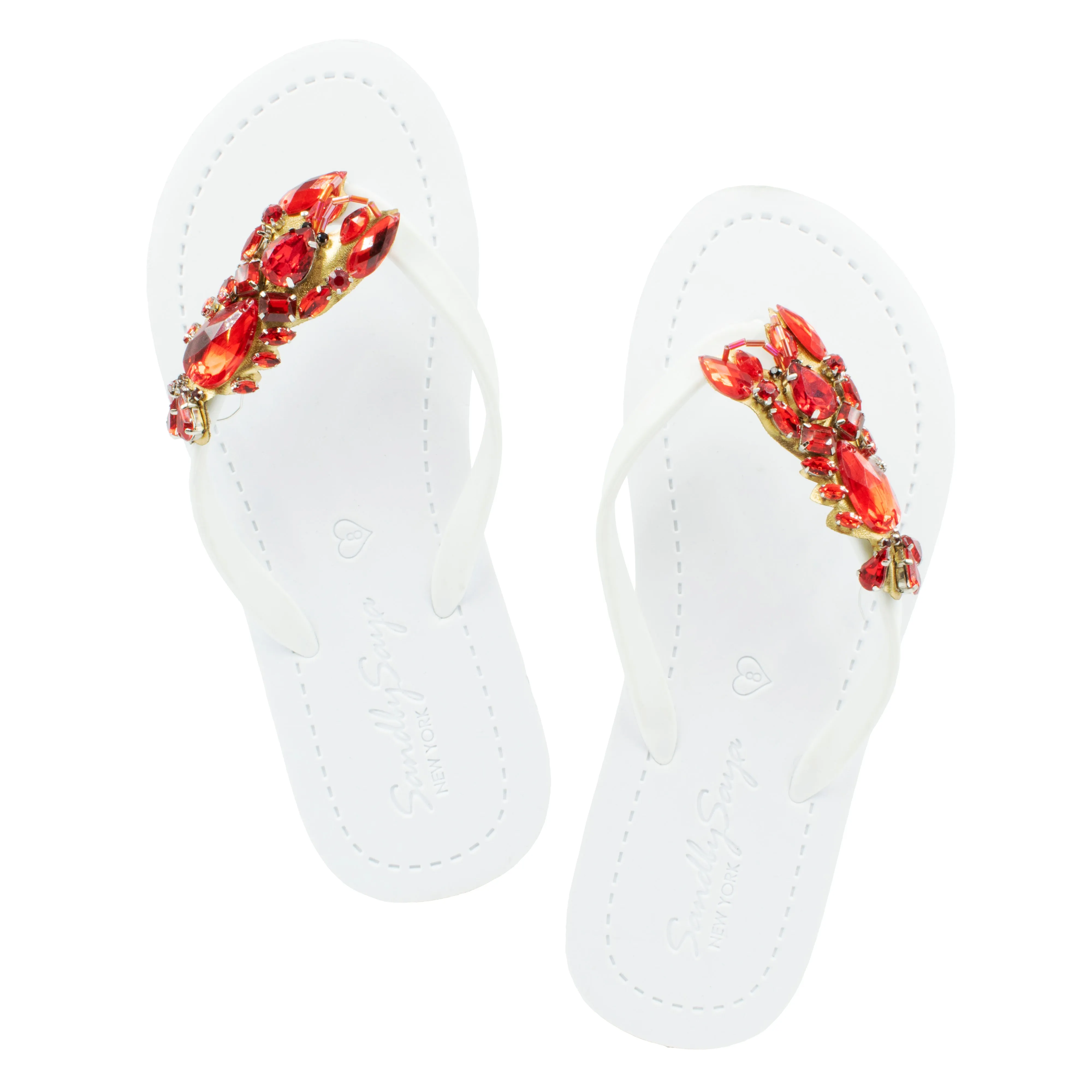 Lobster - Red  Rhinestone Embellished Women Flat Flip Flops Sandal