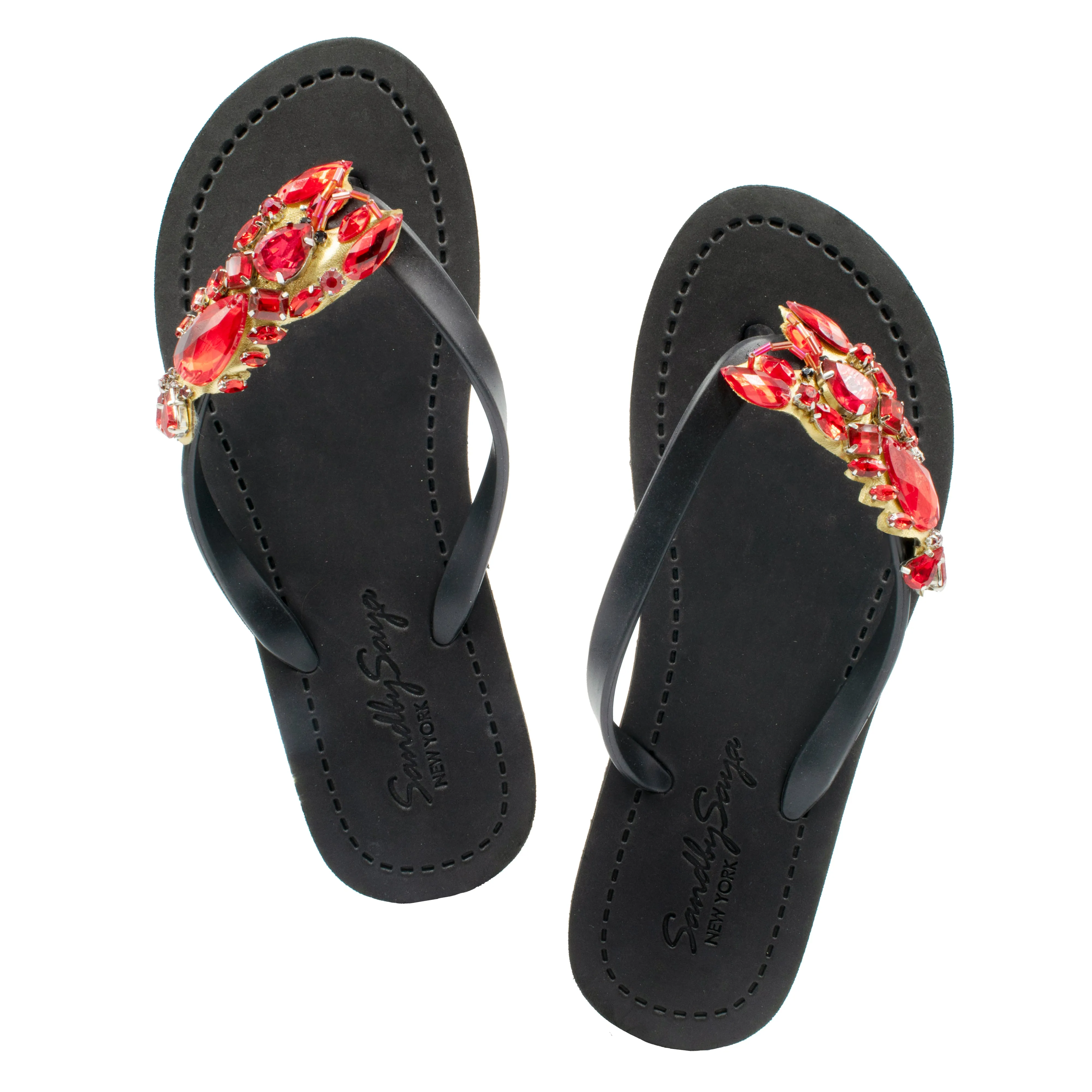 Lobster - Red  Rhinestone Embellished Women Flat Flip Flops Sandal