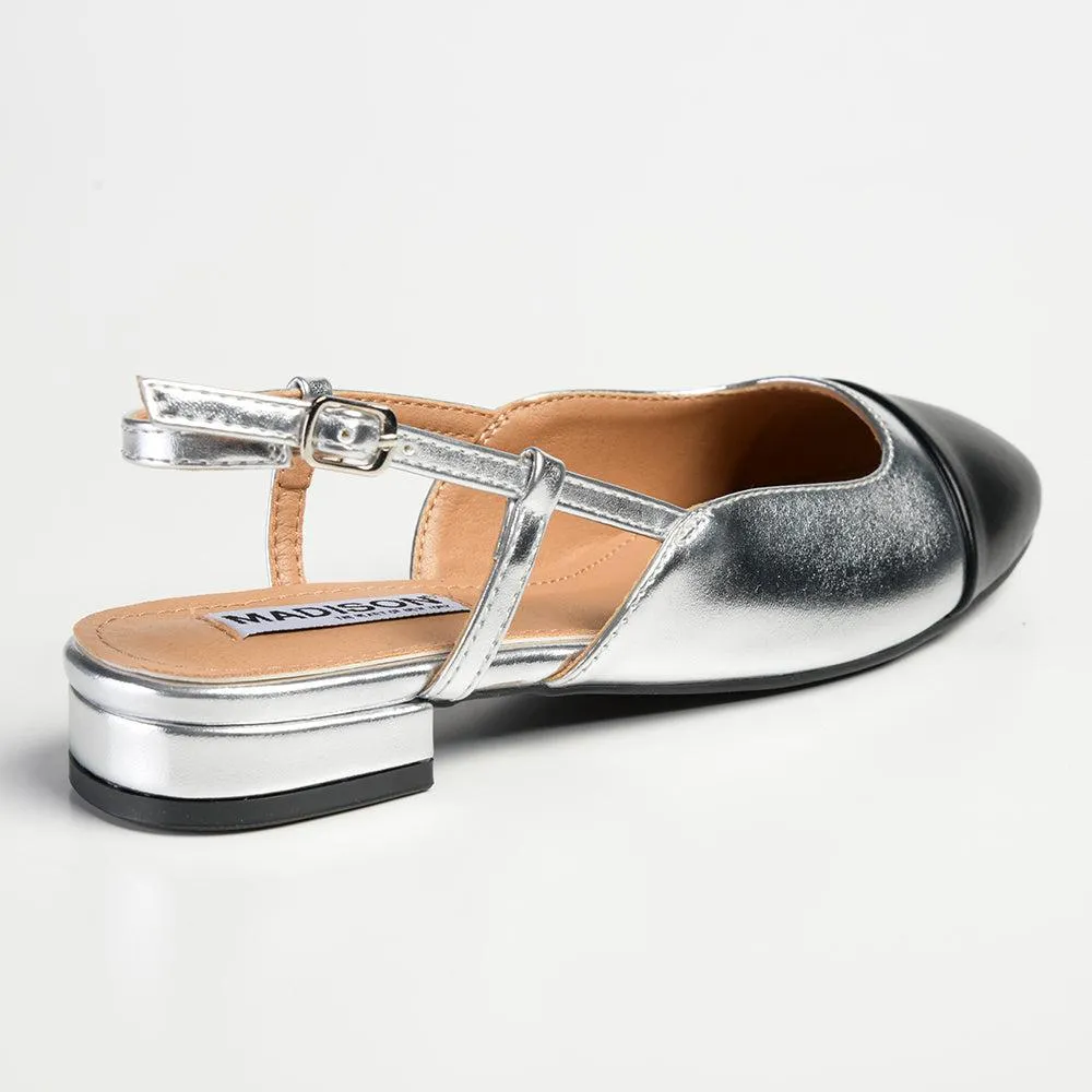 Madison Bluma Low Block Heel Slingback Sandal - Black / Silver