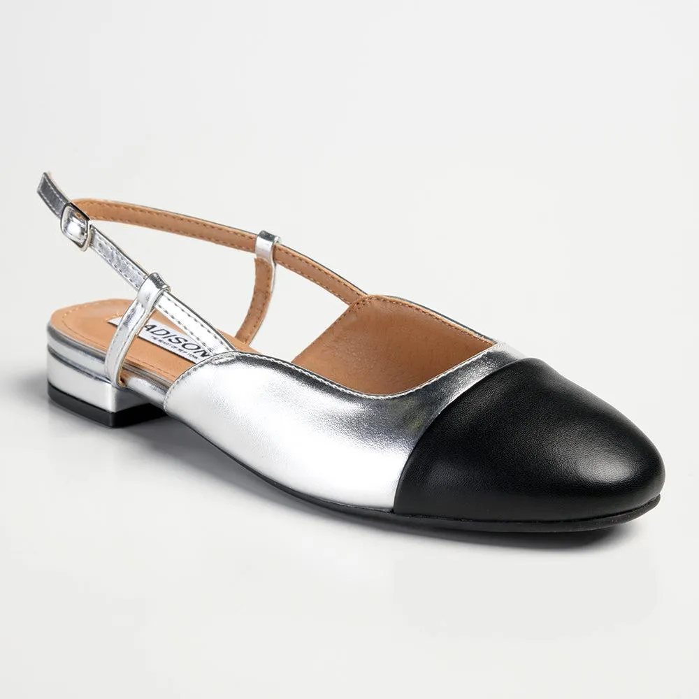 Madison Bluma Low Block Heel Slingback Sandal - Black / Silver