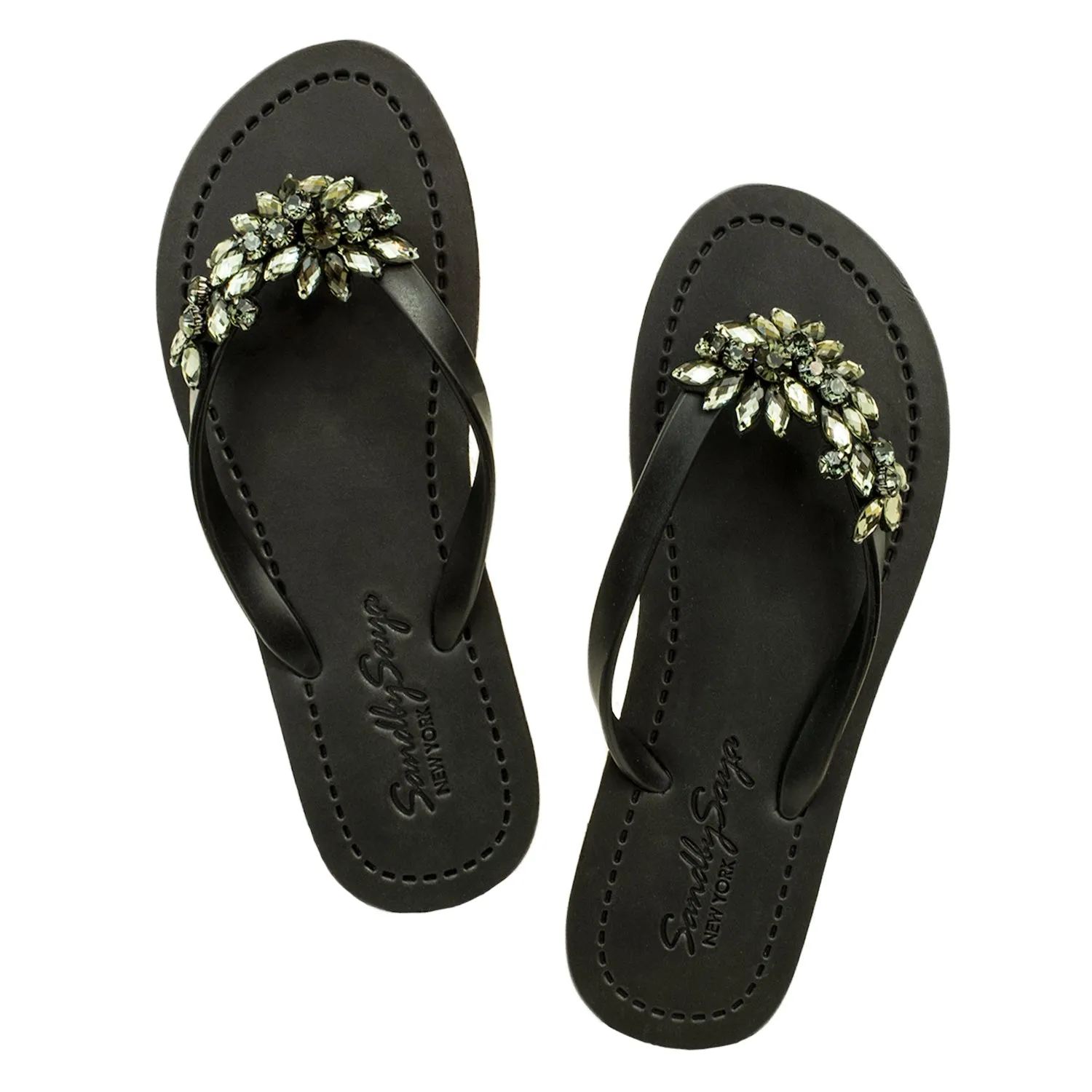 Manhattan Black - Crystal Stones Embellished Flat Flip Flops Sandal