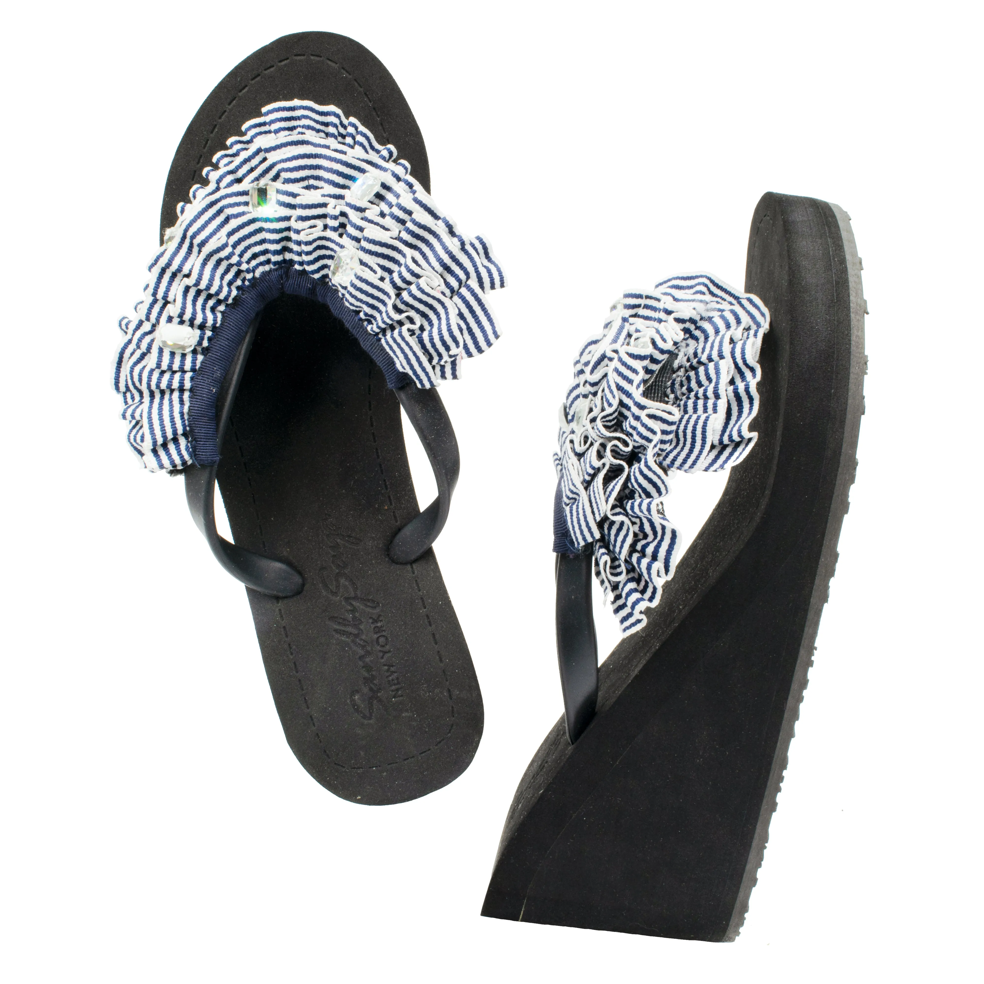 Marine Stripe Ruffle - Triple Rockaway - Embellished High Wedge Flip Flops Sandal