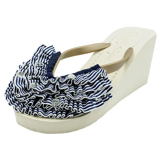 Marine Stripe Ruffle - Triple Rockaway - Embellished High Wedge Flip Flops Sandal