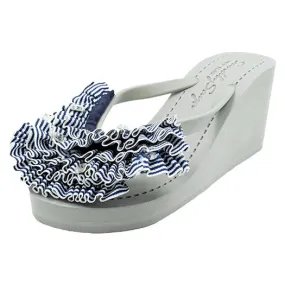 Marine Stripe Ruffle - Triple Rockaway - Embellished High Wedge Flip Flops Sandal