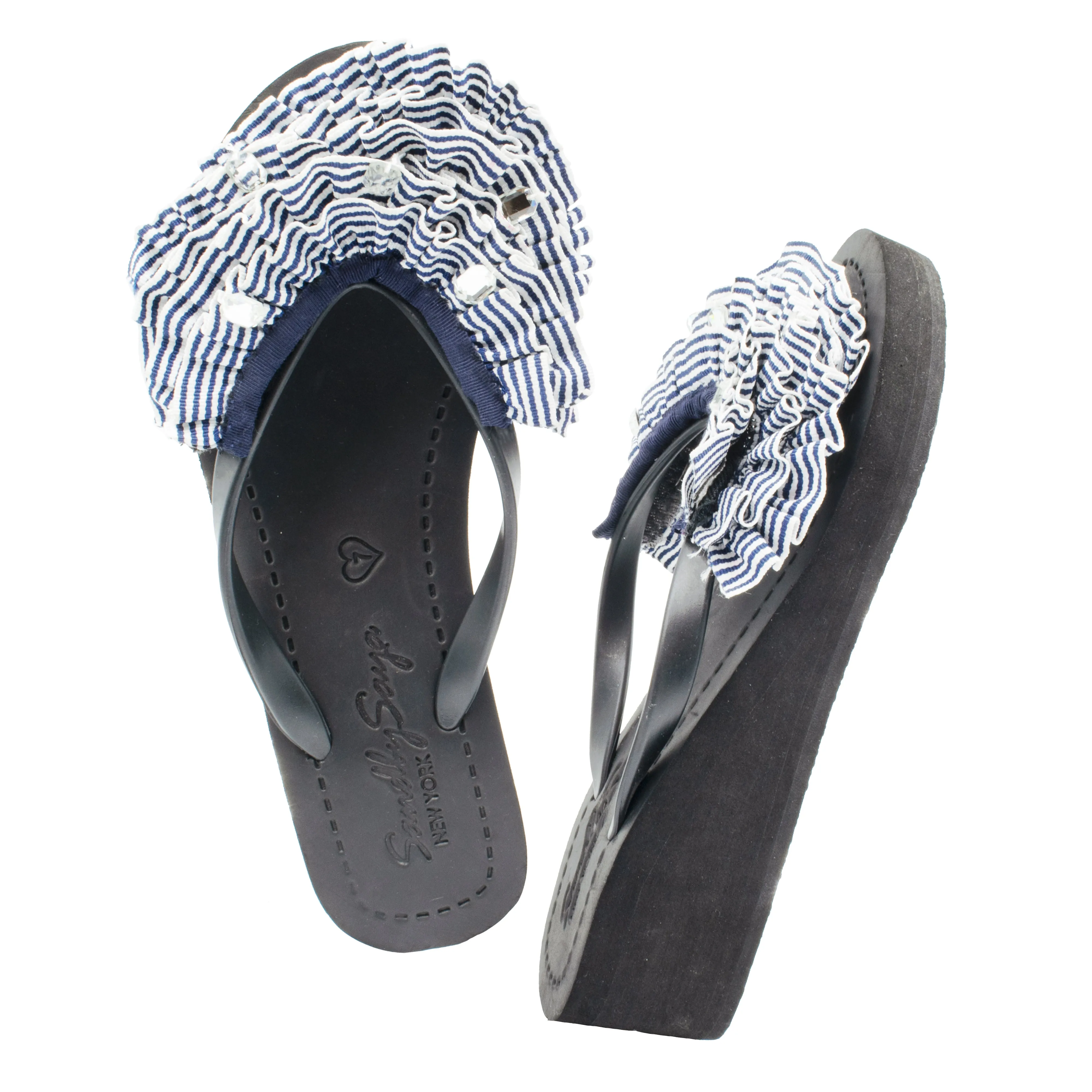 Marine Stripe Ruffle - Triple Rockaway - Women's Mid Wedge Flip Flops