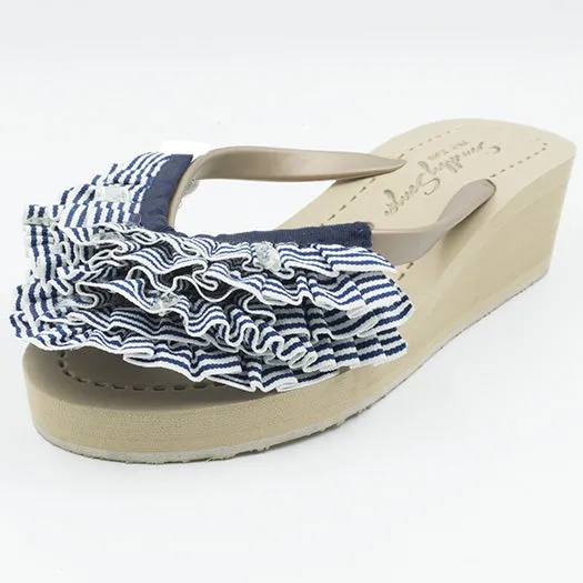 Marine Stripe Ruffle - Triple Rockaway - Women's Mid Wedge Flip Flops