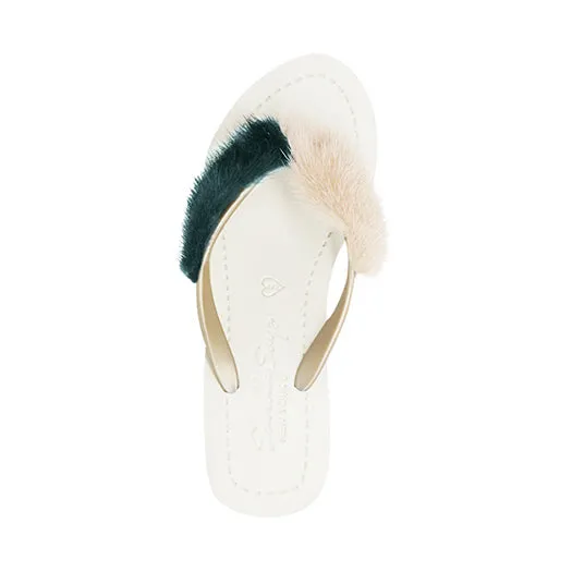 Mink_Pink & Green - Genuine Fur Embellished Women's High Wedge Flip Flops Sandal