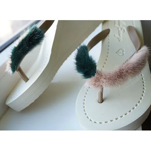 Mink_Pink & Green - Genuine Fur Embellished Women's High Wedge Flip Flops Sandal