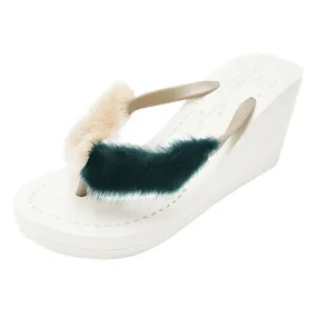 Mink_Pink & Green - Genuine Fur Embellished Women's High Wedge Flip Flops Sandal