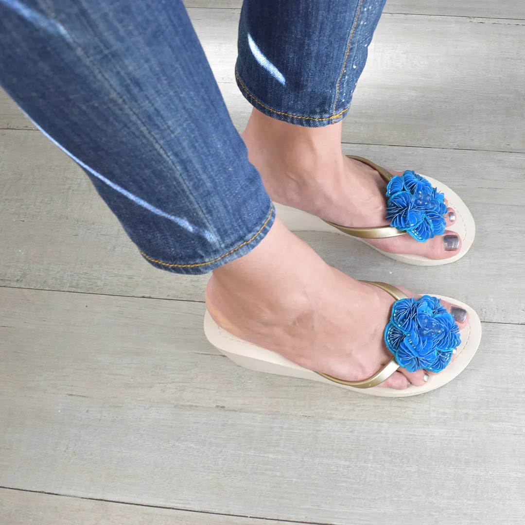 Noho Blue Flower - Sequence Embellished Women's High Wedge Flip Flops Sandal