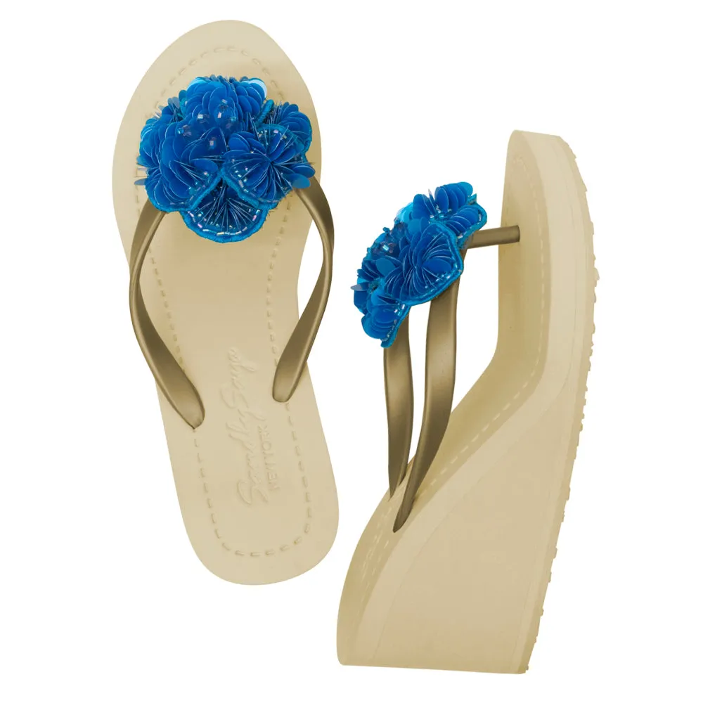 Noho Blue Flower - Sequence Embellished Women's High Wedge Flip Flops Sandal