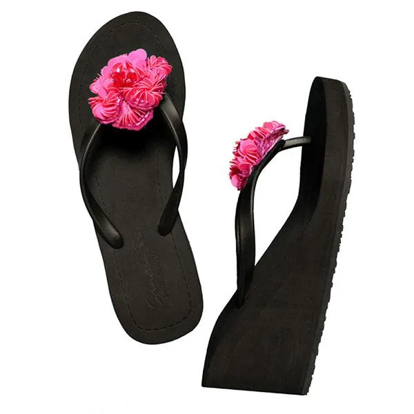 Noho Pink Flower - Sequence Embellished Women's High Wedge Flip Flops Sandal