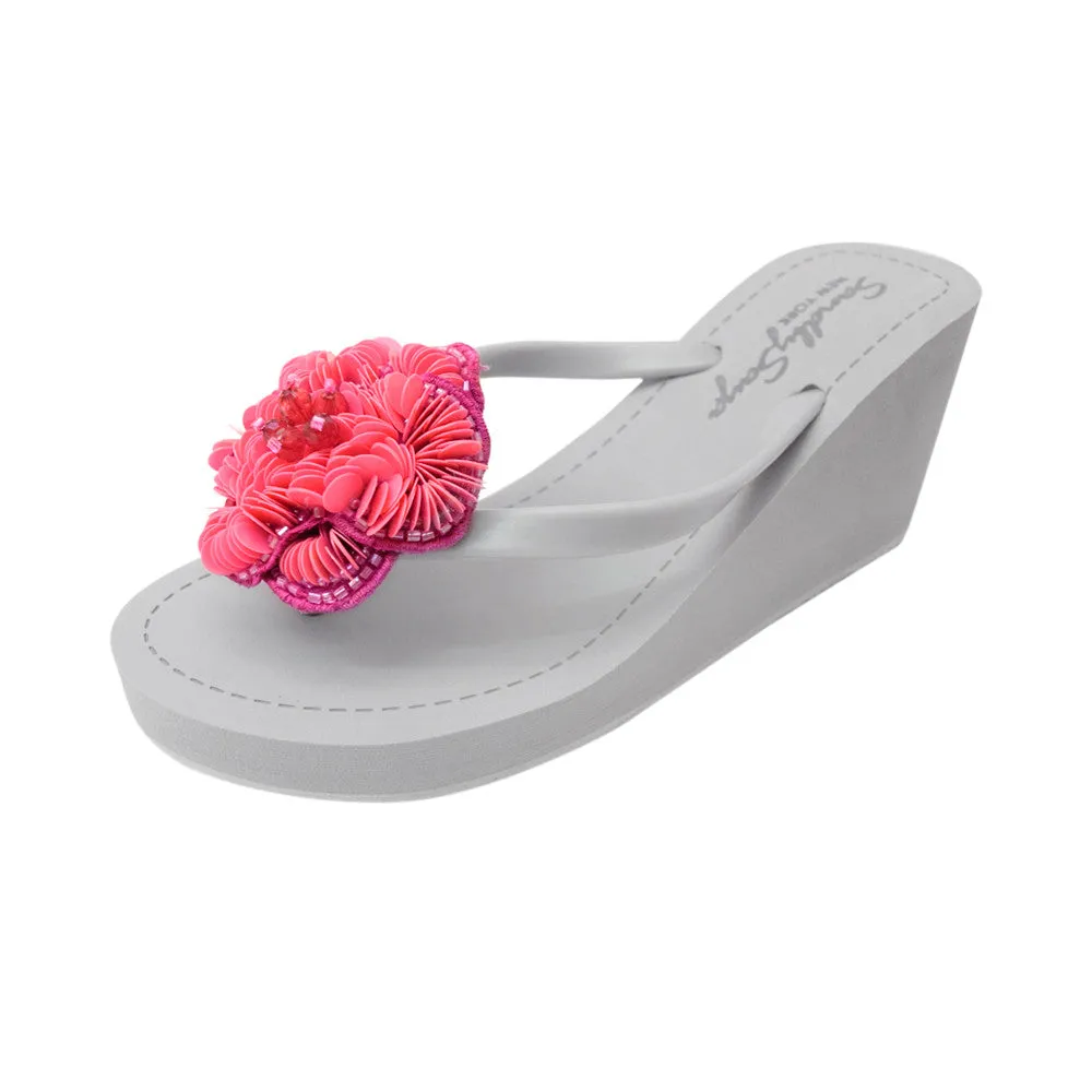 Noho Pink Flower - Sequence Embellished Women's High Wedge Flip Flops Sandal