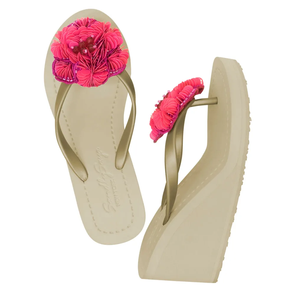 Noho Pink Flower - Sequence Embellished Women's High Wedge Flip Flops Sandal