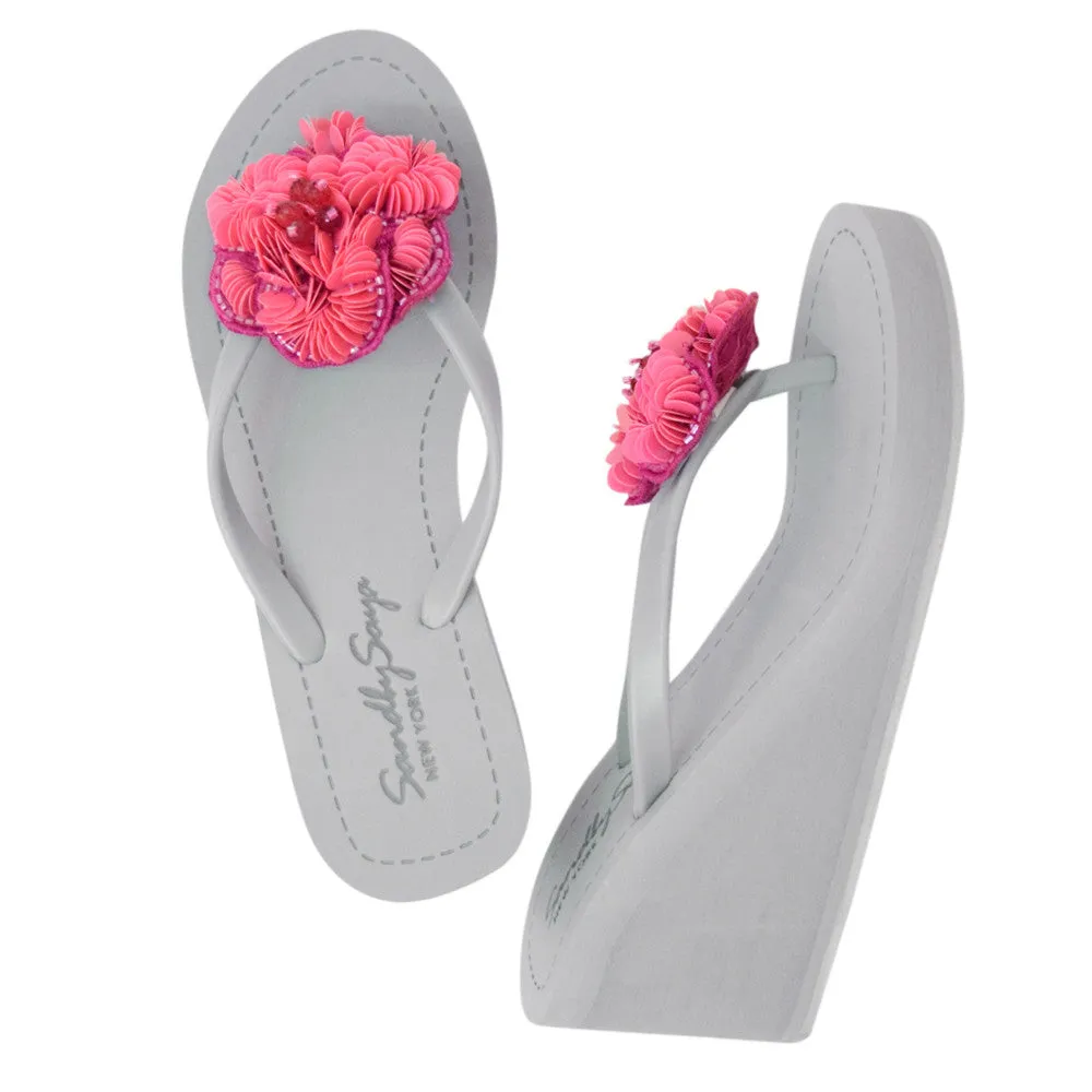 Noho Pink Flower - Sequence Embellished Women's High Wedge Flip Flops Sandal