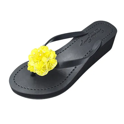 Noho Yellow Flower - Sequence Embroidered Mid Wedge Flip Flops