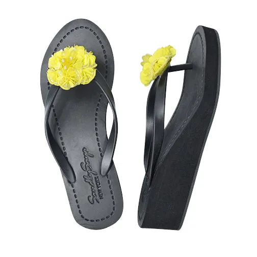 Noho Yellow Flower - Sequence Embroidered Mid Wedge Flip Flops